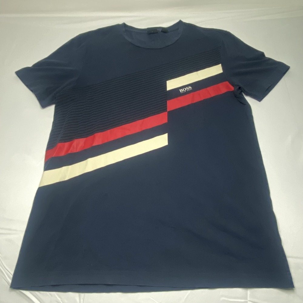BOSS Hugo Boss Shirt Mens Large Blue Red White Geometric Stripe Designer Tee